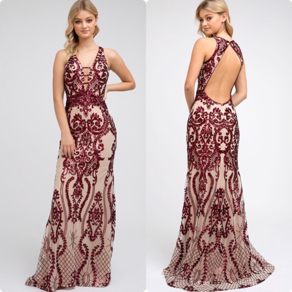 Burgundy Fitted Sequin Prom Dress. Illusion Inset.